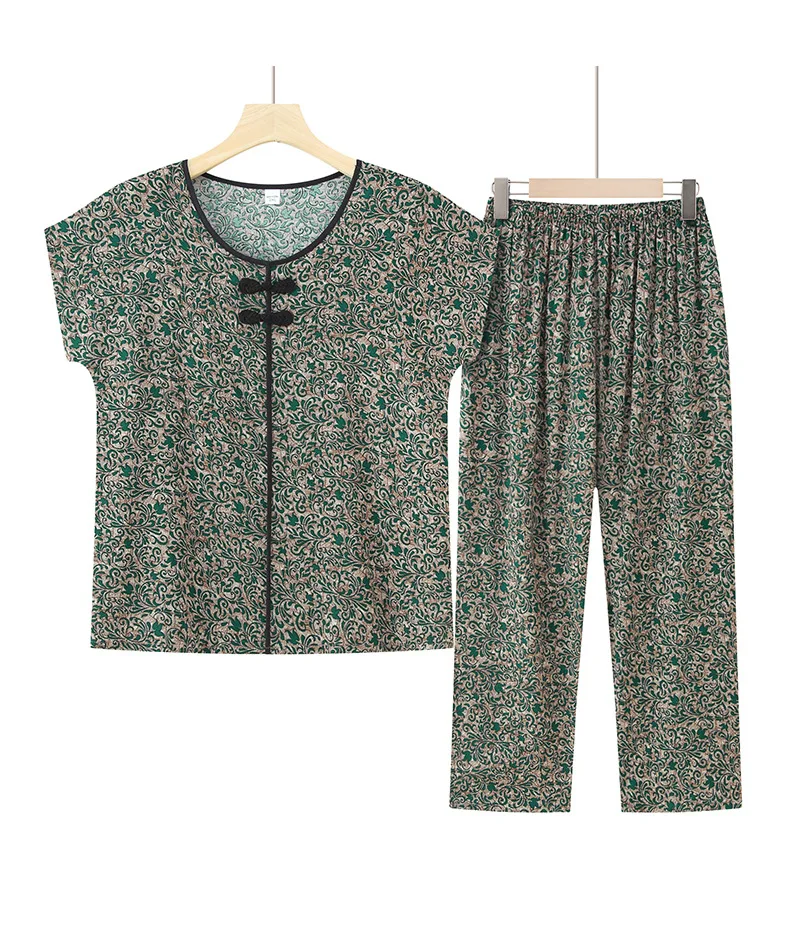 XL-5XL Plus Size Women's Pajamas Set Retro Print Nightwear Clothes Casual Cotton Middle Aged Mother Home Suit New Pijama Mujer