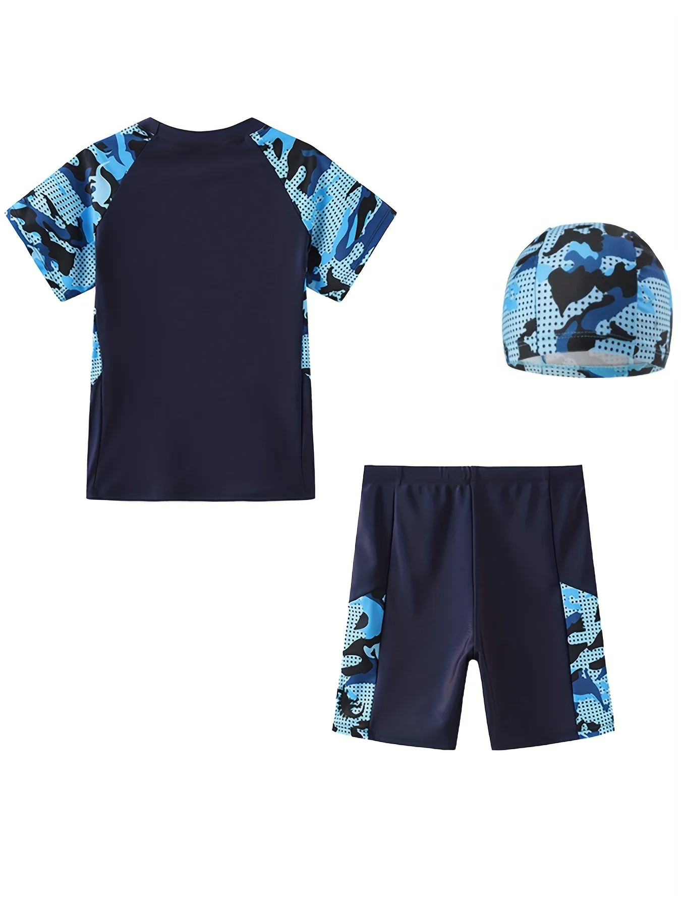 طقم تي شيرت صيفي أنيق للأولاد، ملابس سباحة، سروال سباحة، قبعة سباحة مكونة من ثلاث قطع، ناعمة ومريحة وسريعة الجفاف