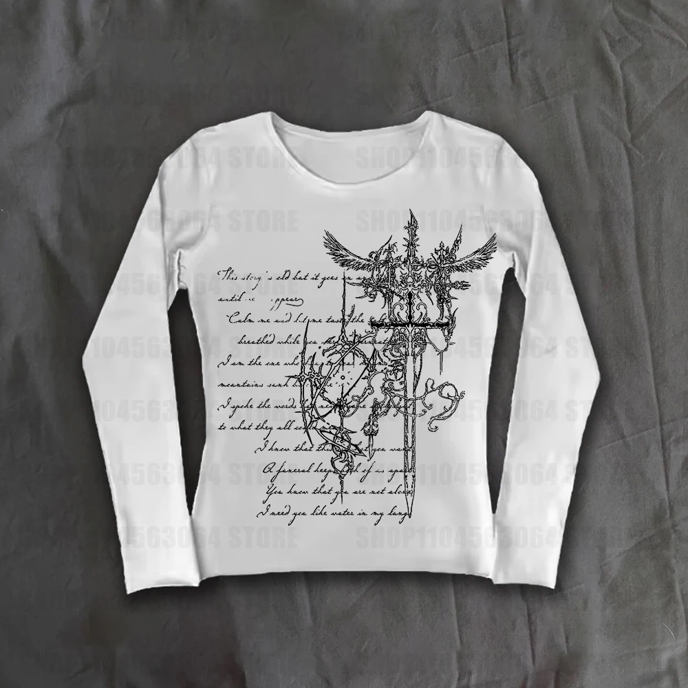 Female electronic girl 2K millennium retro fairy punk goth long sleeved letter printed T-shirt top retro emotional streetwear