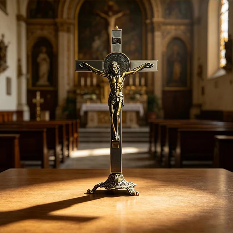 

New 2026 Bronze Tone Standing Crucifix with Saint Benedict Medal & Jesus Corpus for Catholic Christian Home Altar Decor Gift