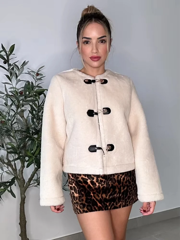 HH 패션 여성용 양면 재킷 로프 매듭 버클 2025 O넥 긴팔 리버시블 루즈 따뜻한 벨벳 숏 코트