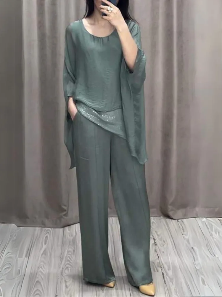 Women Double-layer Top Two-piece Suit Spring Autumn Fashion O-neck Sets Casual Batwing Sleeve Top With Wide Leg Pants Outfits