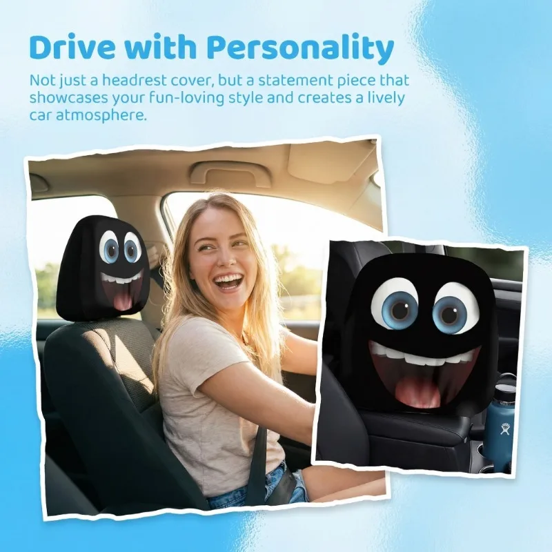 Funny Big Smile Blue Eyes Cartoon Car Headrest Cover 2PCS,Universal Fit Auto Head Rest Protector, Car Interior Decor Accessories image 4