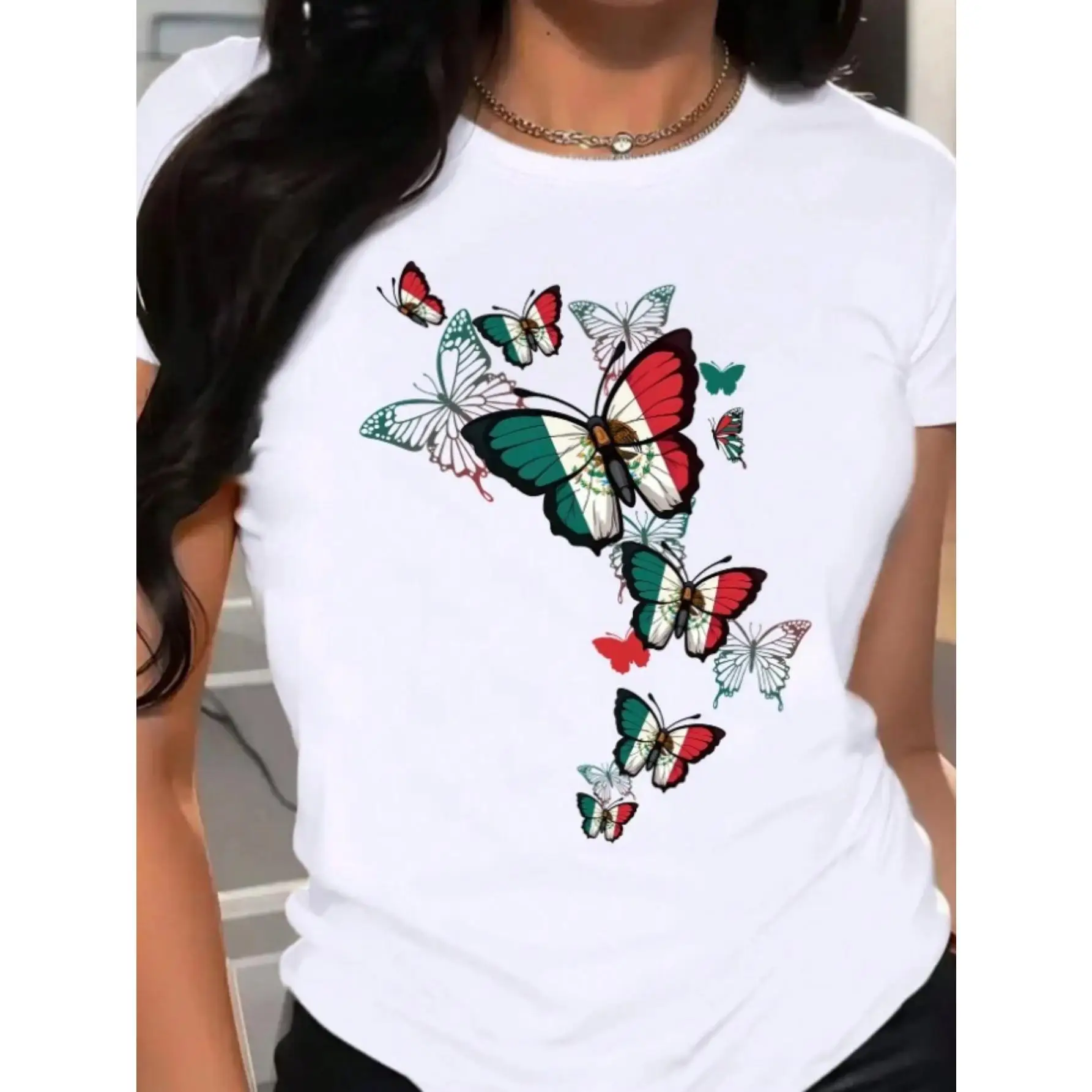 

Women's Casual Graphic Print T-Shirt - Vibrant Butterfly & Map Design, 100% Cotton Loose Fit Short Sleeve Round Neck, Breathable
