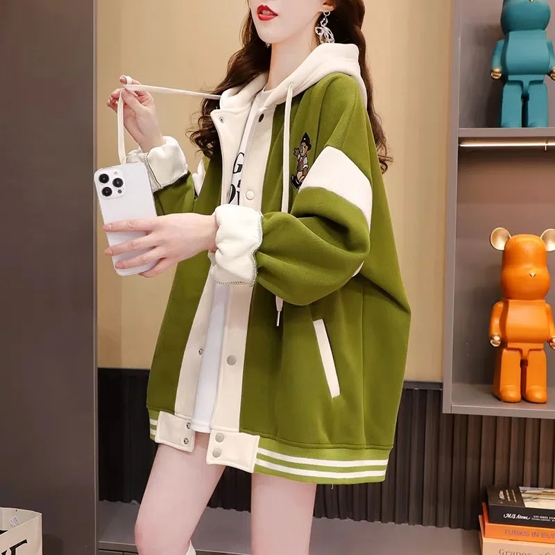 

Design a Hooded Baseball Uniform Jacket For Women In Winter 2022 Add Velvet Thicken Loose Casual Warm Sweater and Put On Clothes