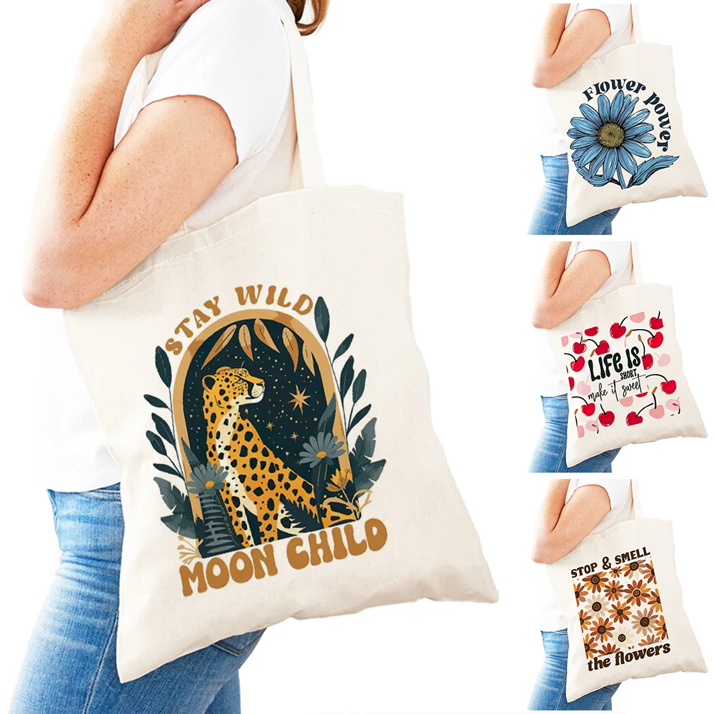 

Fashion Leopard Motif Lady Shopper Bags Double Print Daisy Women Daily use Shoulder Handbag Cherry Pattern Girl Shopping Bag