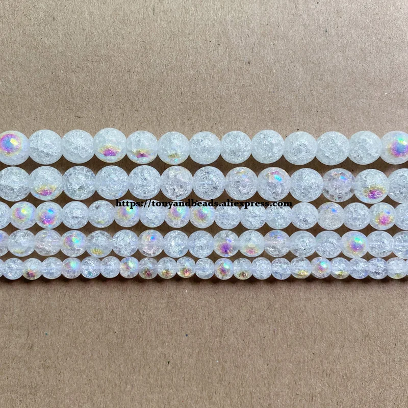 Natural Stone Half AB Shining White Snow Cracked Crystal Round Loose Beads 15\