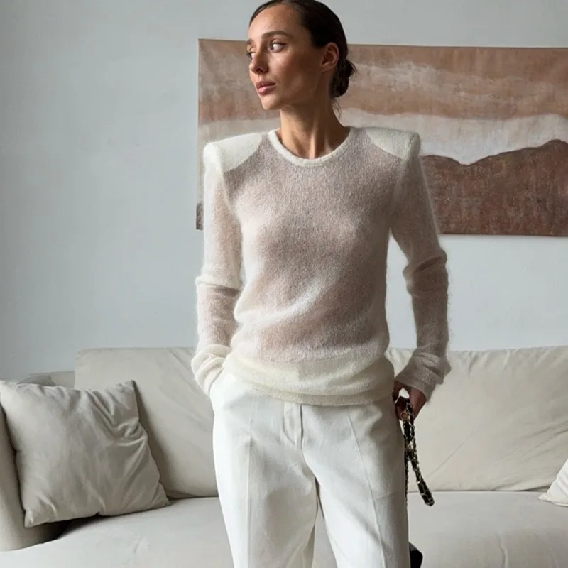 

Talenza Spring Women's Pullover White See-Through Lace-Up Round Neck Casual Pullover Fashion Commuter Streetwear Female Pullover