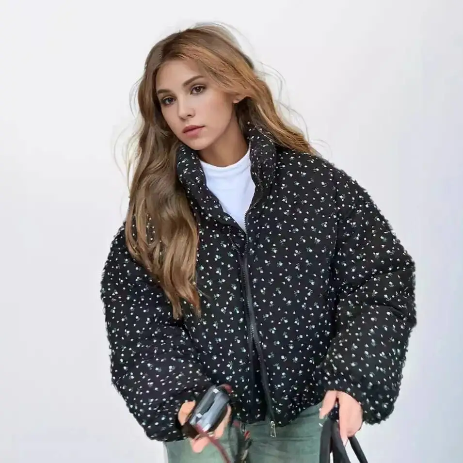 Floral Print Female's Winter Parka Jacket Color Blocked Stand Collar Elastic Hem Zipper Women's Korean-Style Coat For Lady