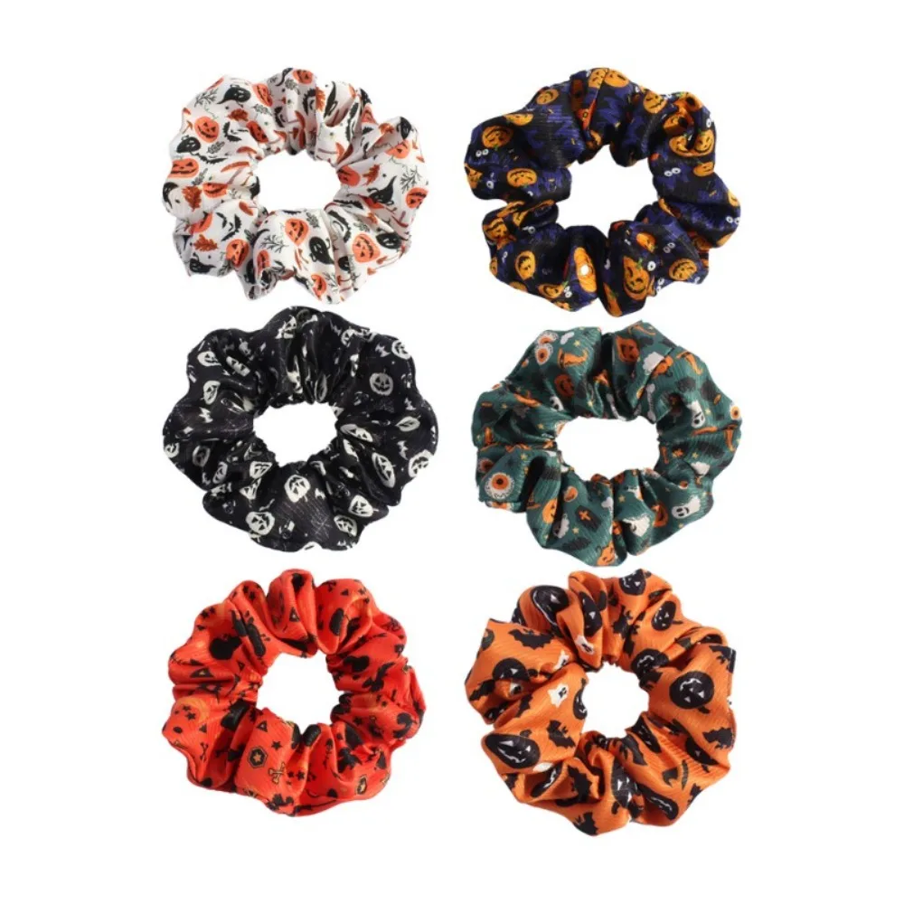 1Pc Black Fabric Skull Halloween Scrunchies, Hair Ties for Women, Holiday Party Ponytail Holders Funny Spooky Photo