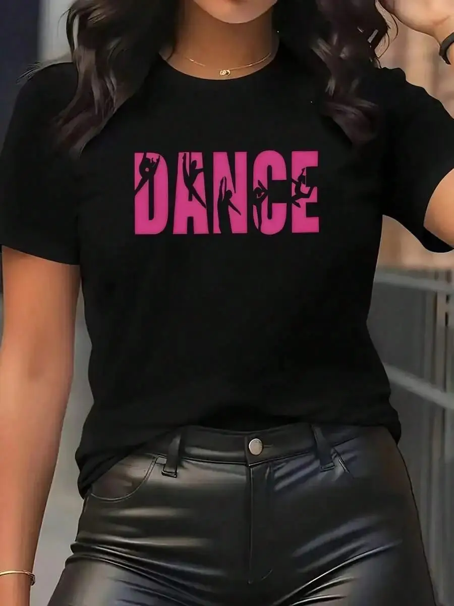1pscWomen s Cotton Short Sleeve - Shirt With DANCE Letters In Bold Pink With Dancer Silhouettes, Black - Shirt Casual Daily Wear-Suitable Daily W