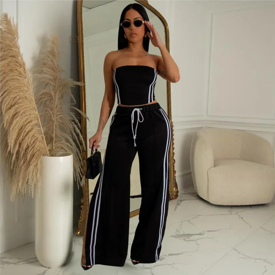 

Legant Women's Sexy Sleeveless Wide-leg Pants Two-piece Summer New Female Casual Solid Color Striped Top Long Pants Suit 2025