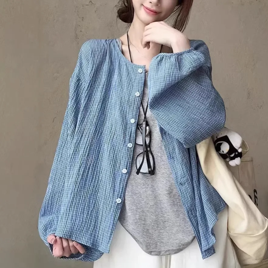 Blue Plaid Sun Protection Shirt Jacket Women's Summer Thin Loose Slimming Age-Defying Open Cardigan Shirt Top Polyester Fabric