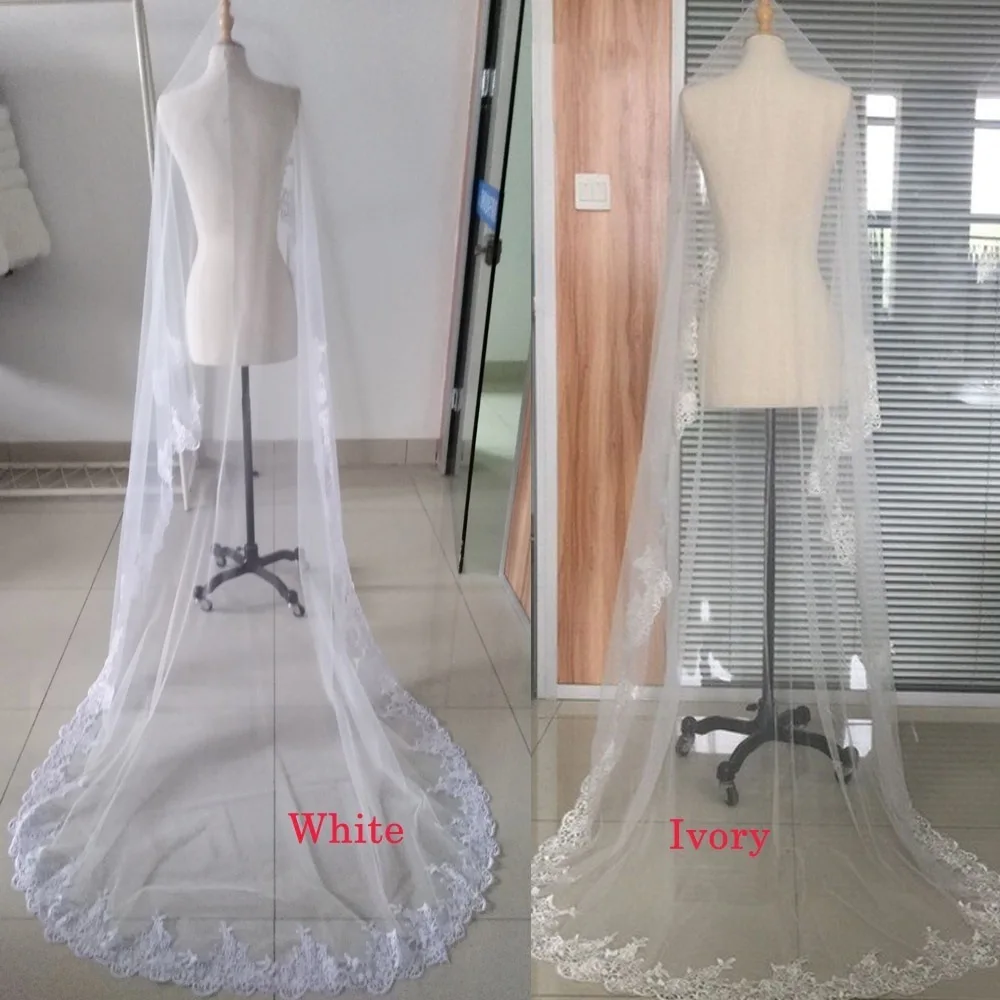 Véu branco de renda para noiva, marfim acessórios do casamento para noiva, longo arrastamento redondo, véus nupciais da catedral, elegante vintage appliqued