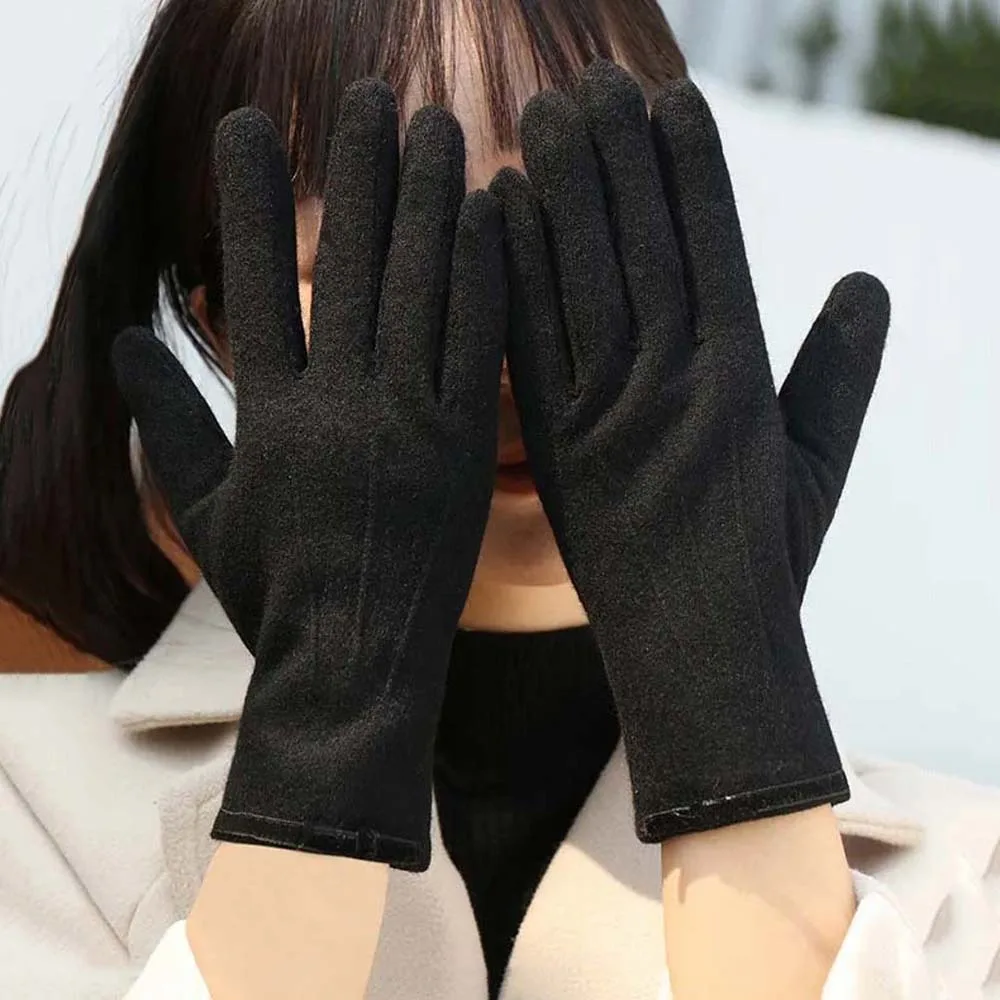Mitaines anti-froid avec nœud en faux cachemire, écran tactile doux, gants épais, style coréen, plus chaud, élasticité, doigt