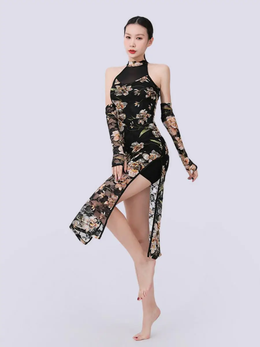 

Elegant Sleeveless Qipao Style Dance Costume with Sleeve Covers Hollow out Back Classic Dancewear Women's Mesh Semi-Transpare...