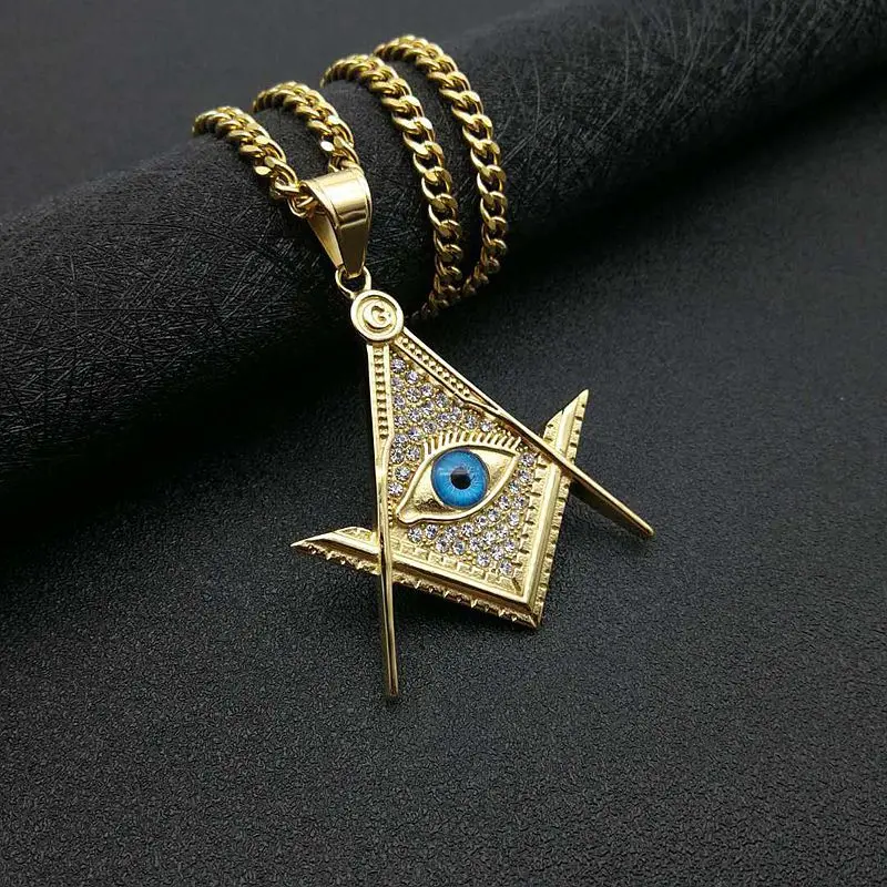 

Hip Hop Rock Bling Gold Color Stainless Steel Illuminati Eye Freemason Masonic AG Pendants Necklaces for Men Jewelry Gift