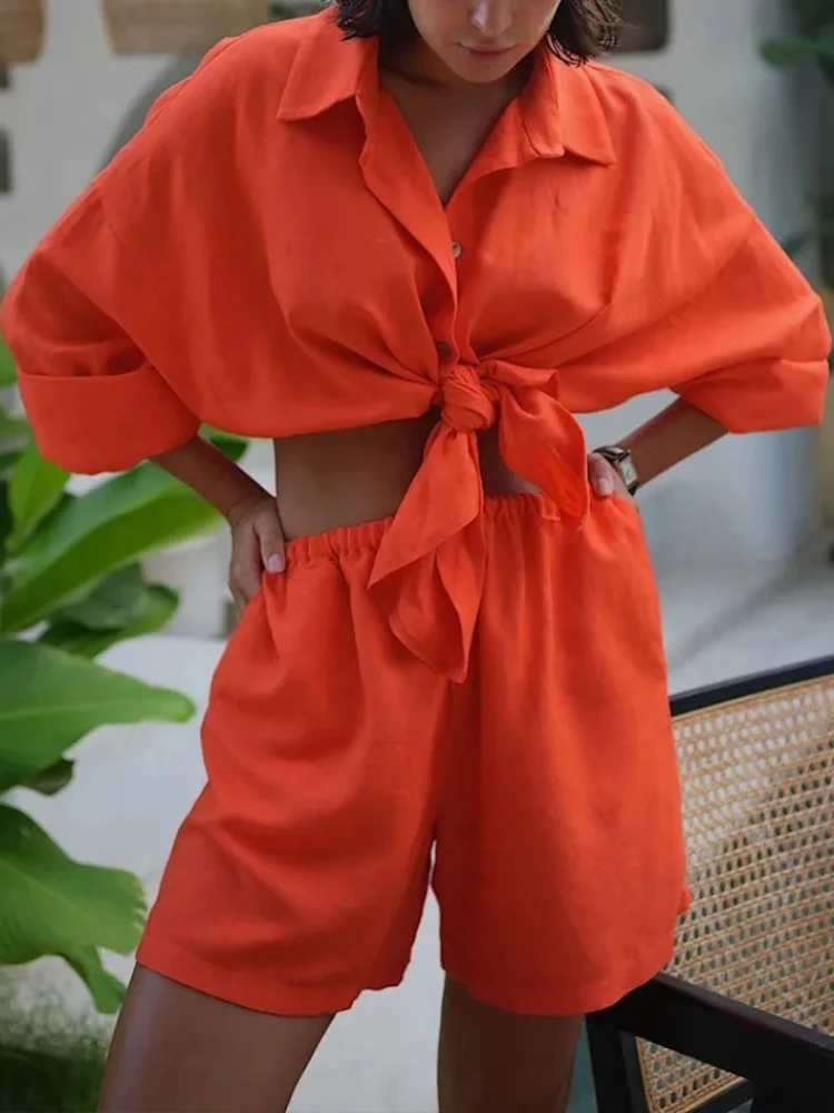 

New Summer Casual Shorts Shirts Sets Cotton 2 Pieces Cozy Lapel Long Sleeves Tops Blouses Shorts Two Piece Sets Womens Outifits