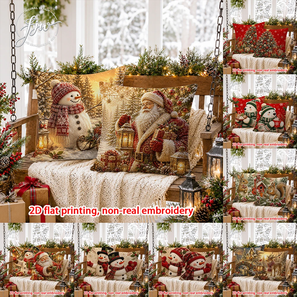 2D FLAT-2PCS Christmas Vintage Winter Throw Pillow Covers Sofa bedroom porch New Year decoration only pillowcase