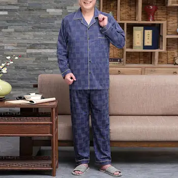 Heren Pyjama Set Mid-Aged Vader 'S Lente Zomer Pyjama Set Met Lange Mouwen Shirt Wijde Pijpen Broek Voor Comfortabele Homewear