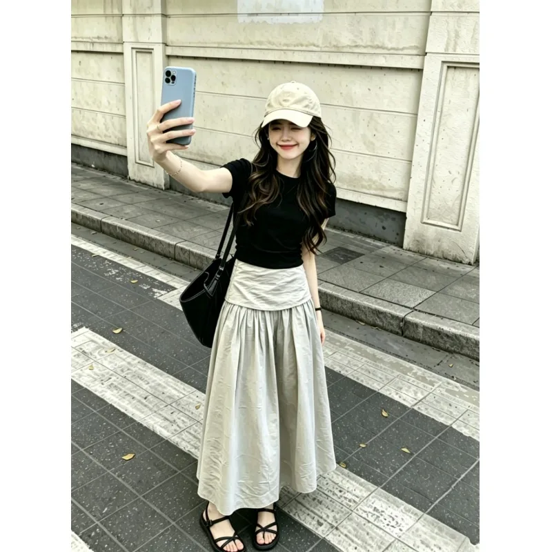 Korean Style Summer Outfit Women's Black Top And Skirt Set High Waist Slim Fit Handmade Sewing Chic Fashion Two-Piece Set