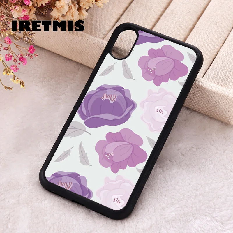 Iretmis Phone Cover Case For iPhone X XS Max XR 11 12 13 PRO MINI 14 15 16 Plus Rubber Silicone Pink purple roses