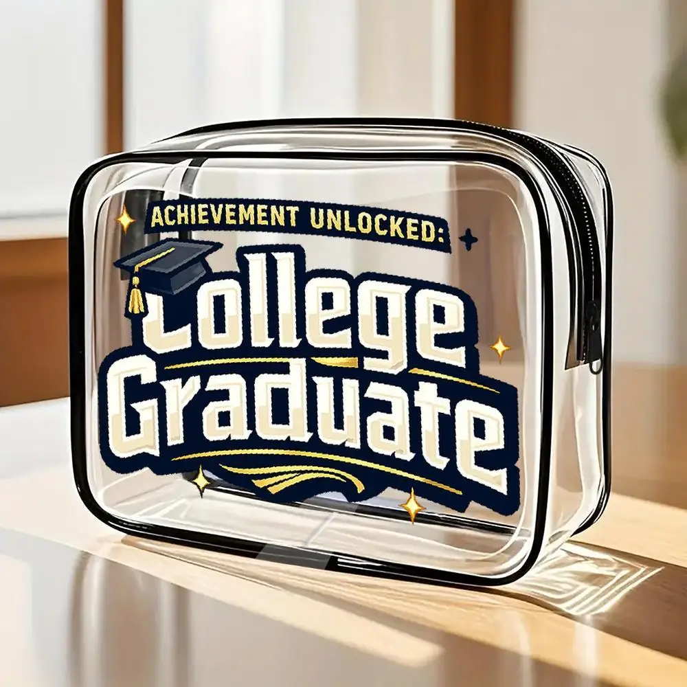 Toilet Bag College Graduate Graduation Cap Clear PVC Cosmetic Bag, Pixel Art Retro Gaming Style with Golden Star Accents & Black