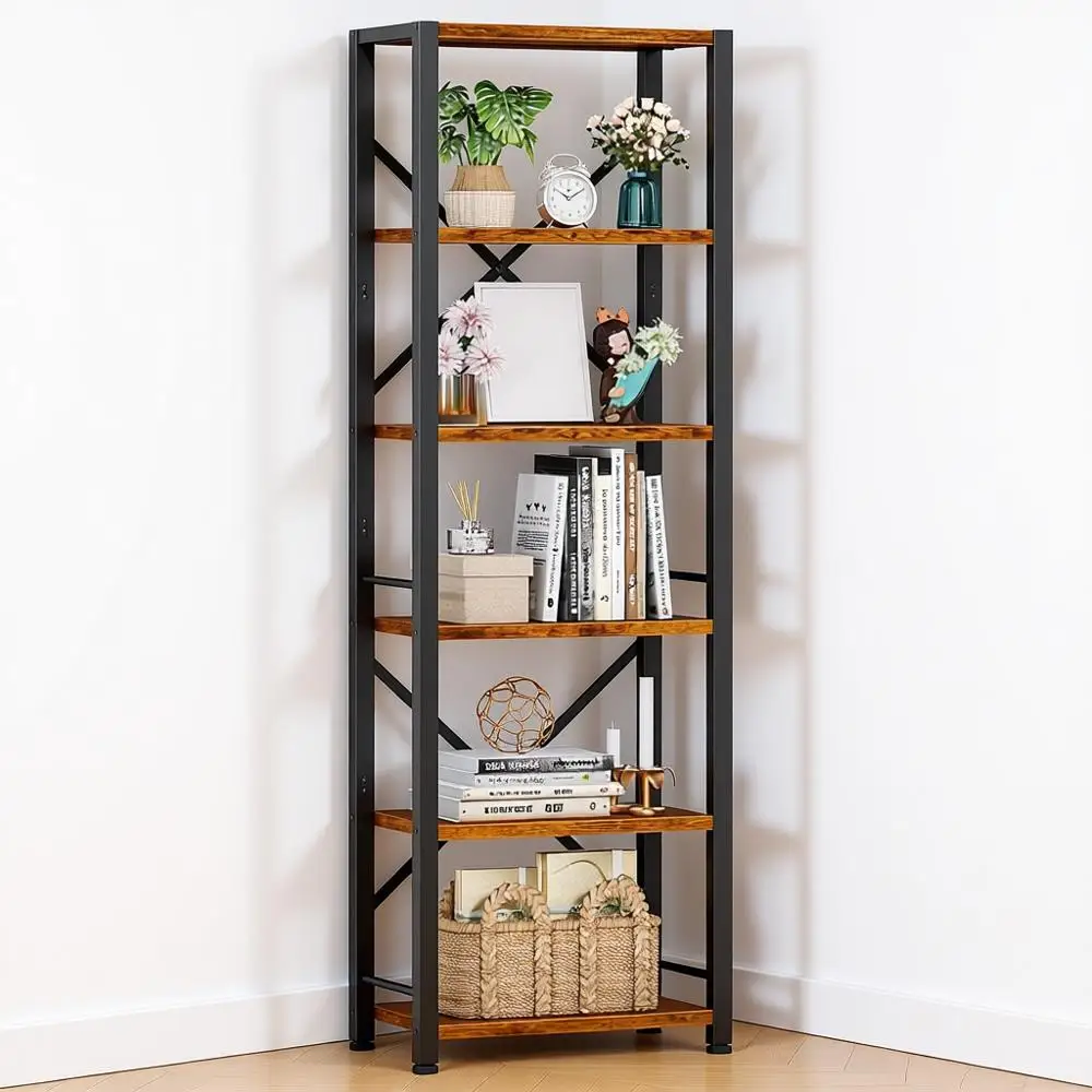 

Высокая 6-ярусная книжная полка, узкая промышленная витрина, металлический и деревянный органайзер для хранения для гостиной, домашнего офиса, прихожей