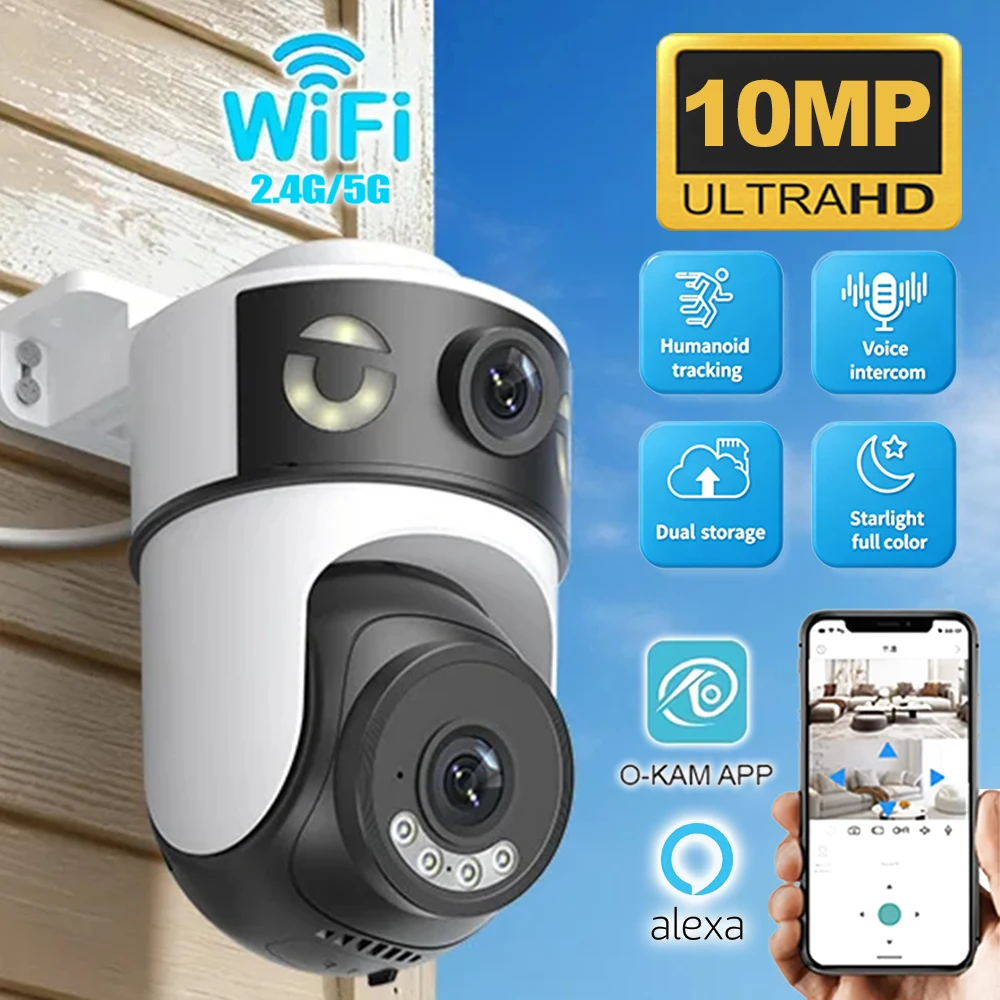 Caméra de sécurité 4K à double objectif et double écran 10MP PTZ extérieure WiFi IP avec suivi automatique IA, surveillance audio-vidéo CCTV O-Kam