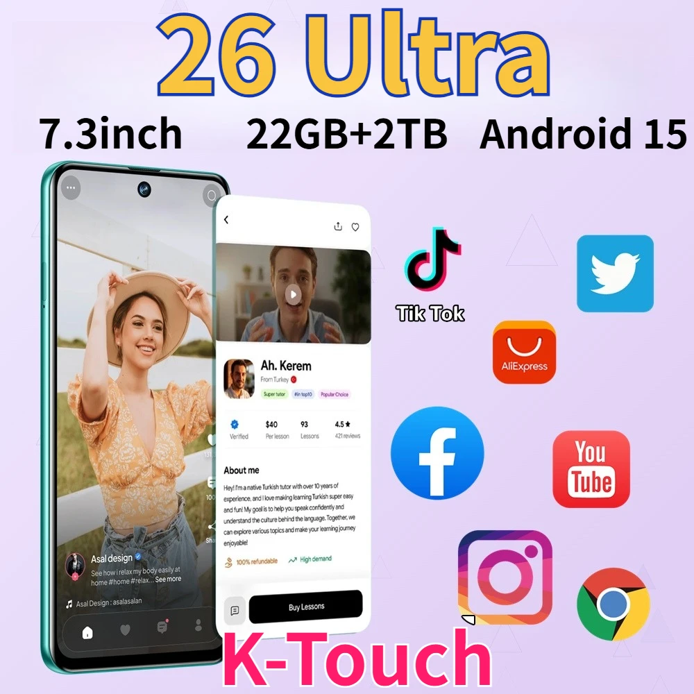 K-Touch 26 Ultra, smartphone Android 15 con schermo da 7,3 pollici, 22 GB di memoria interna, 2 TB di spazio di archiviazione, connettività 5G, doppia SIM, batteria da 8000 mAh, fotocamera 16 MP + 48