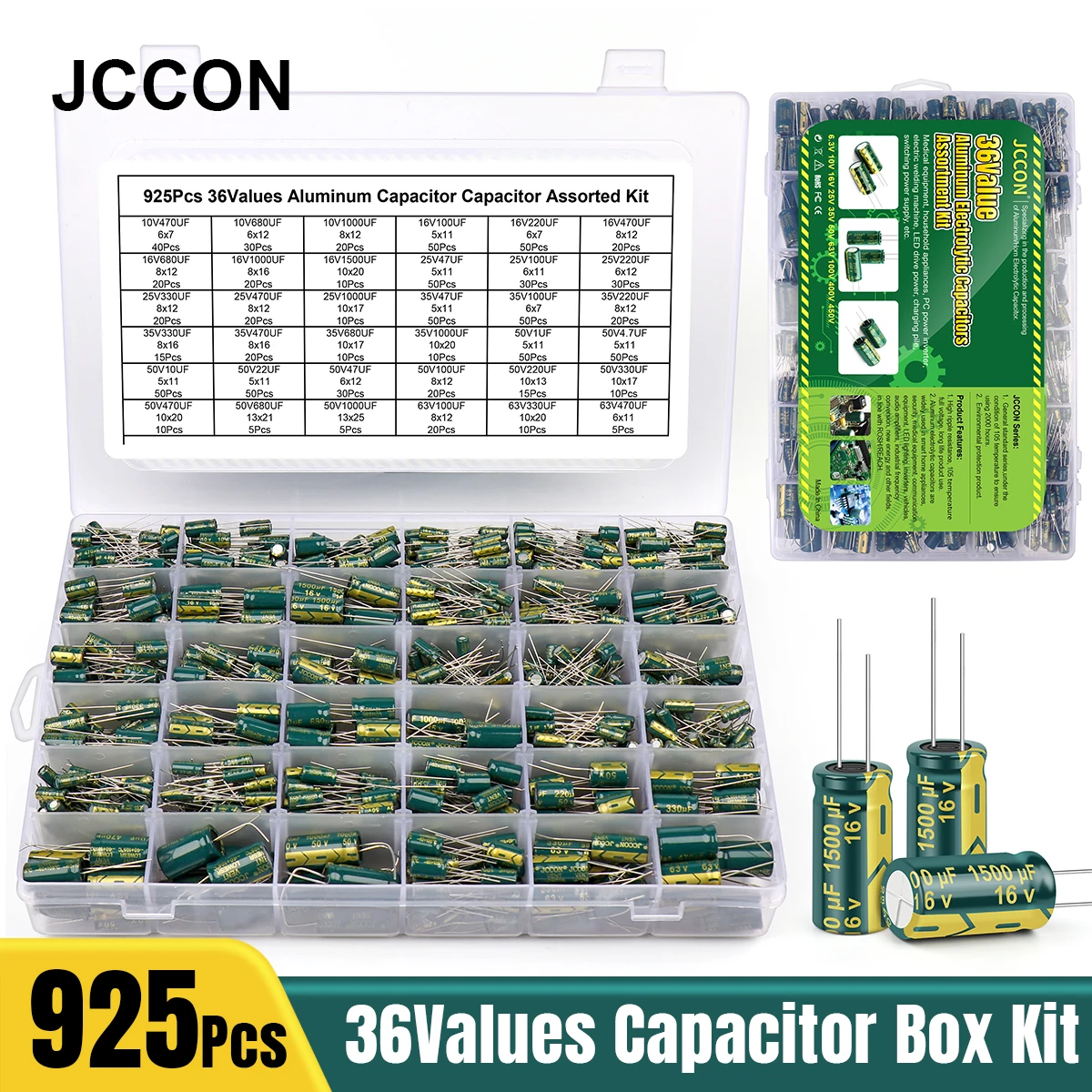 JCCON 925 sztuk 36 wartości aluminiowy zestaw z kondensatorem elektrolitycznym niski ESR 1uF 4.7uF 10uF 22uF 47uF 100uF 220uF 330uF 470uF