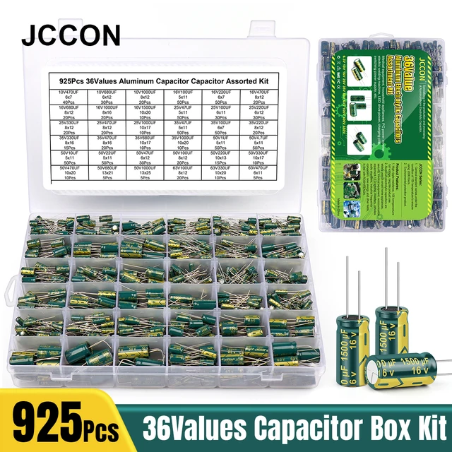 JCCON 925 sztuk 36 wartości aluminiowy zestaw z kondensatorem elektrolitycznym niski ESR 1uF 4.7uF 10uF 22uF 47uF 100uF 220uF 330uF 470uF