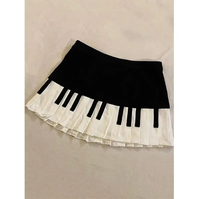 Y2K Kawaii Piano Key Mini Skirt Pleated Hem Black White Japanese Sweet Girl  Harajuku Subculture Women Aesthetics Party Outfit