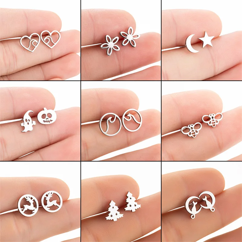 

10 Pair Stainless Steel Halloween Pumpkin Ghost Face Christmas Tree Deer Love Ear Nails Wholesale