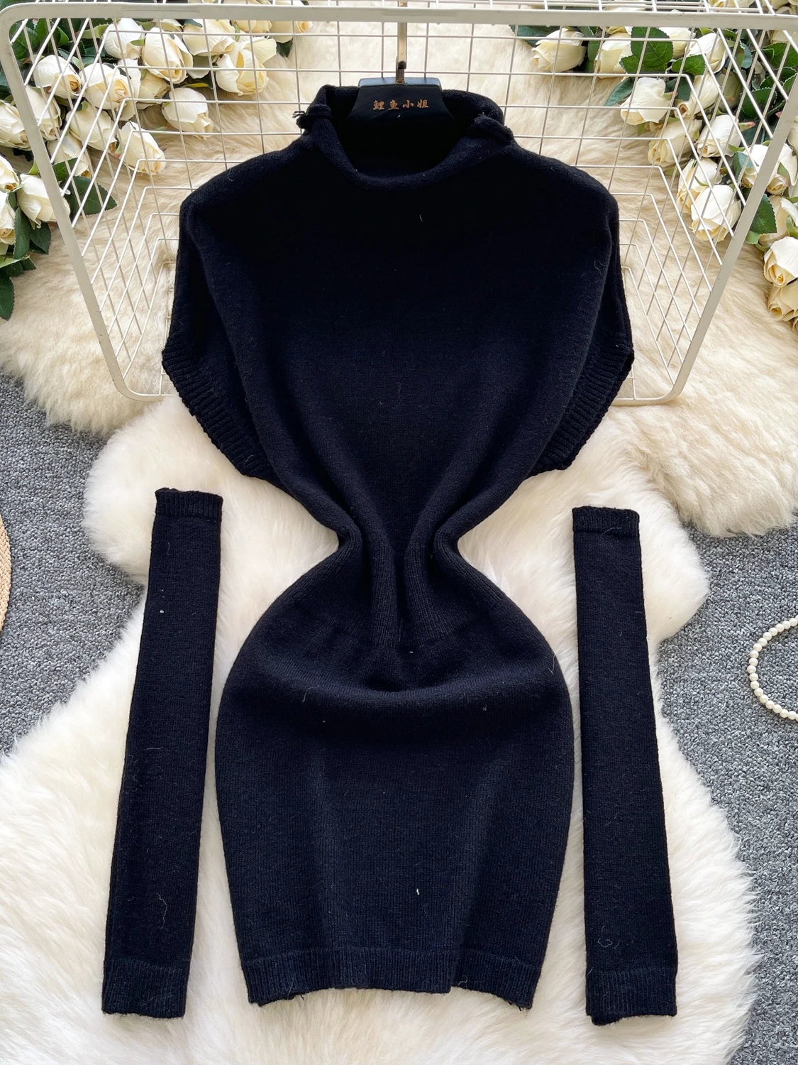 Ele Knitted Slim Fit High Collar Wrap around Skirt Dr for Women Autumn Season Ci Commute A-Line Silhouette Long Sve