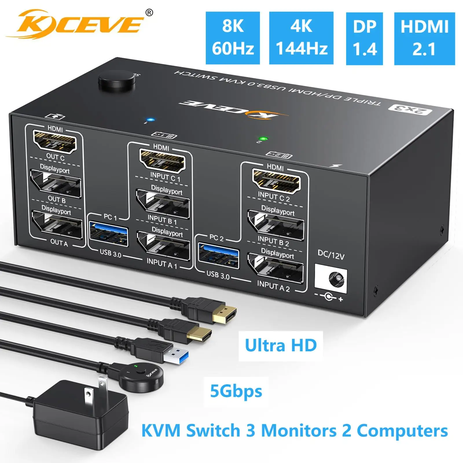 

KVM Switch 3 Monitors 2 Computers, KCEVE USB 3.0 HDMI + DisplayPort Triple Monitor for 2 PC Share 3 Display + 4 USB 3.0 Devices