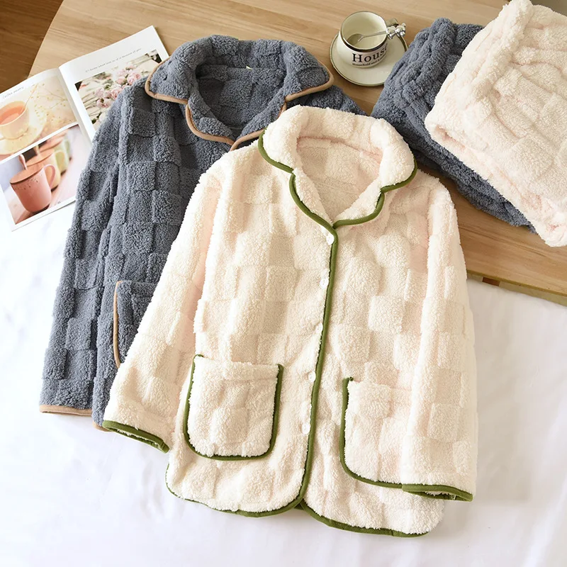 

Thicken Coral fleece pajamas sets women men couples fashion plaid keep warm sleepwear long-sleeve pyjamas high quality clothing