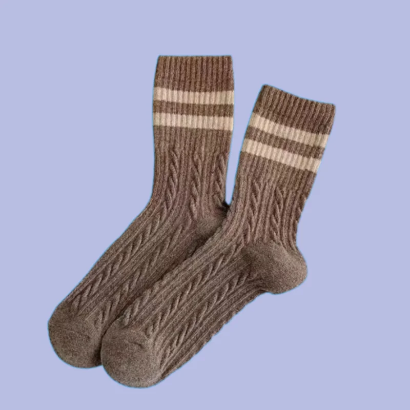 Chaussettes mi-mollet à double barre rayée japonaise pour femmes, chaussettes rétro Pys, marron, chaud, torsadé, optique, automne, hiver, nouveau, 5/10 paires