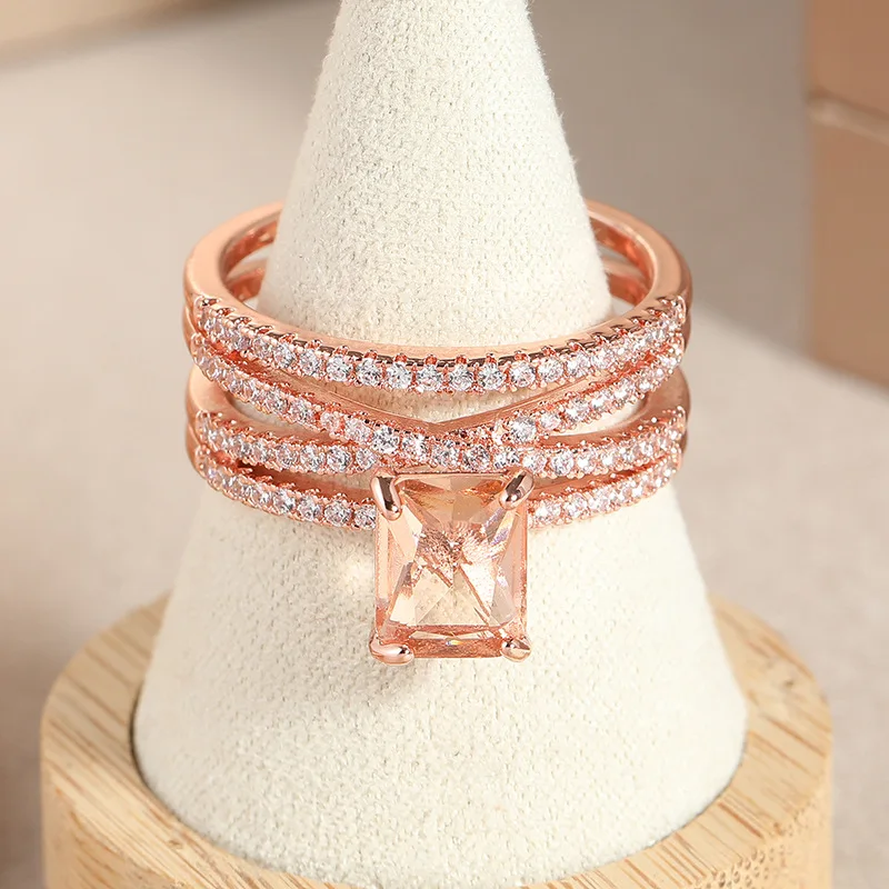 Anello di Morganite multistrato di moda gioielli da sposa Color oro rosa anello di pietra di cristallo di Champagne Bague per le donne regali di