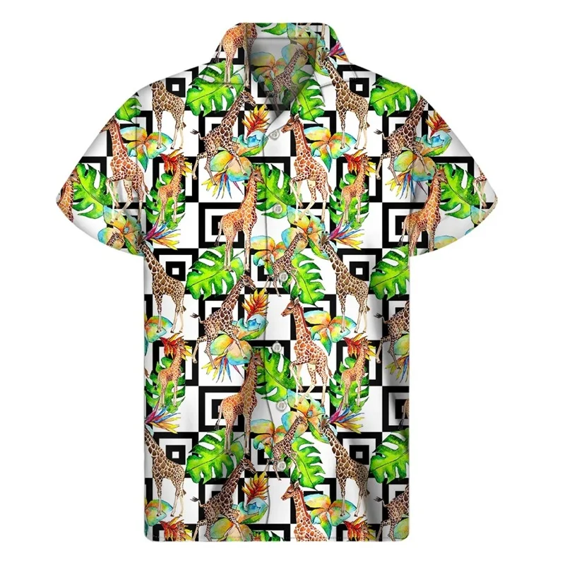 3D Printed Black And White Giraffe Pattern Hawaii Shirts Mens Short Sleeve Big Size Beach Shirts Funny Giraffe Party Blouse Tops