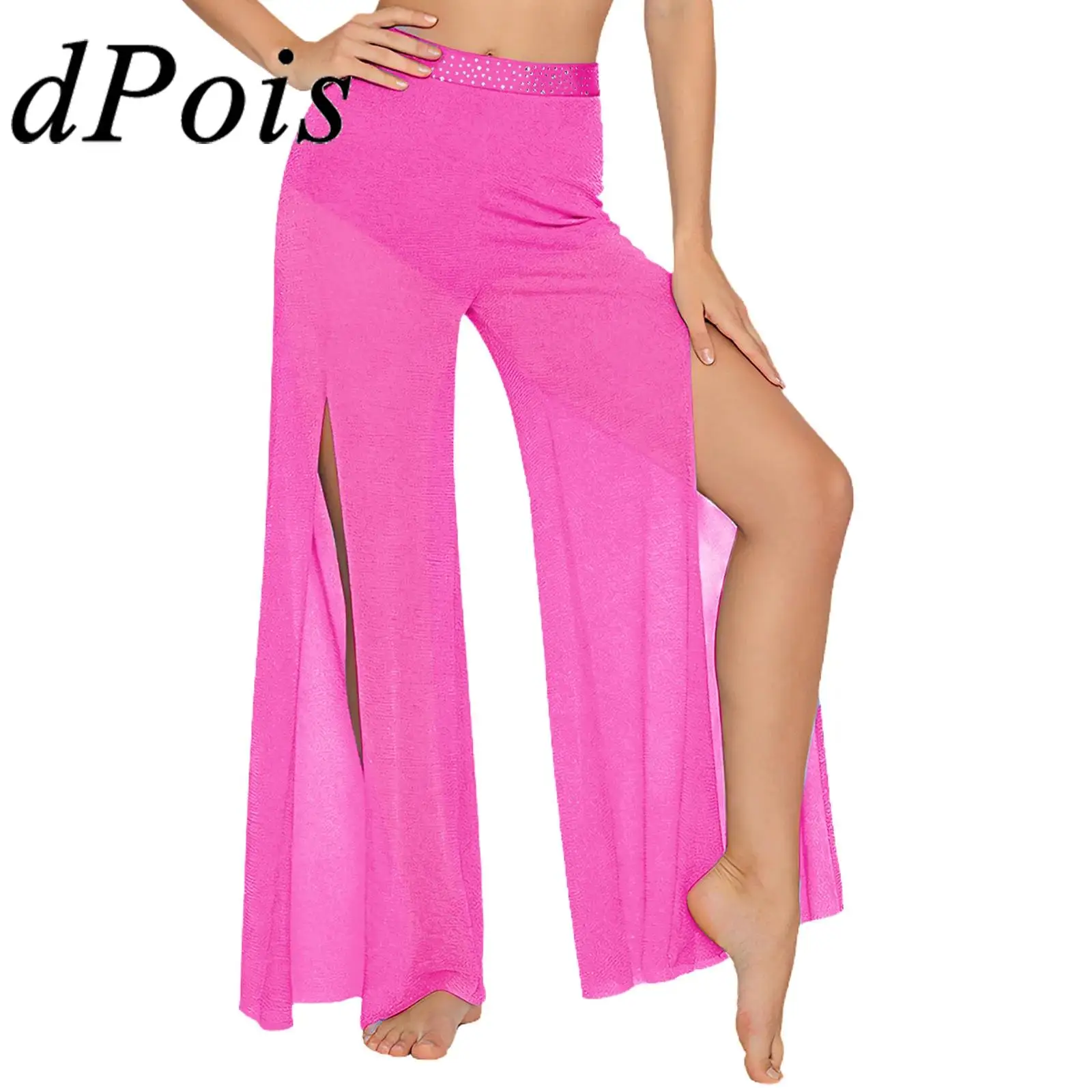 

Womens Lyrical Dance Pants Mesh Wide Leg Pants with Built-in Briefs Modern Dancewear Dance Costume for Stage Performance Wear