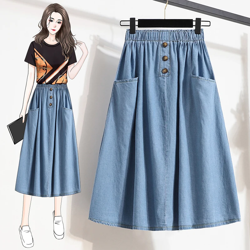 

Denim Skirt Women's Summer Casual plus Size Hip Covering Midi Pleated Trendy Korean Sle Commute High Waist A-Line