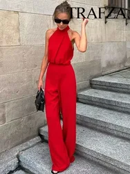 TRAFZA Women Fashion Elegant Solid High Waist Wide Leg Jumpsuit Female Casual Chic Hanging Neck Sleeveless Slim Holiday Playsuit