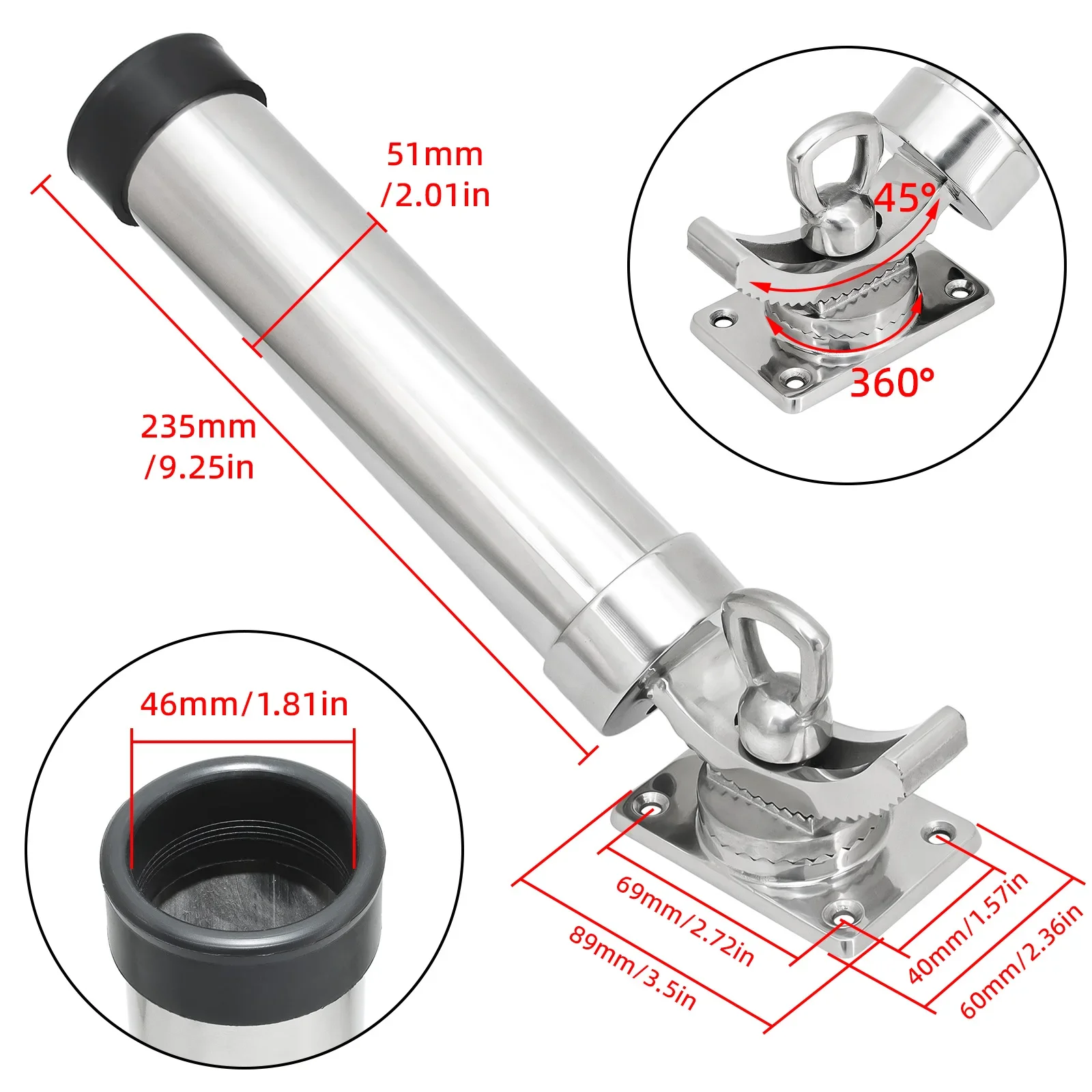Soporte de caña de pescar para barco de acero inoxidable, montaje en cubierta, rotación de 360 grados, varilla ajustable para yate, accesorios para barcos, Hardware marino