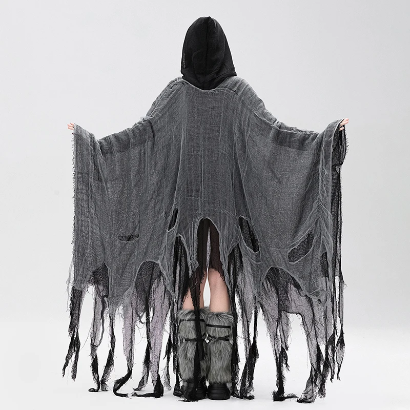 Halloween Witch Cloak with Hood Exaggerated Ripped Grim Reaper Cape Cosplay Props for Party Cosplay Fall Casual Coats Gothic Y2K