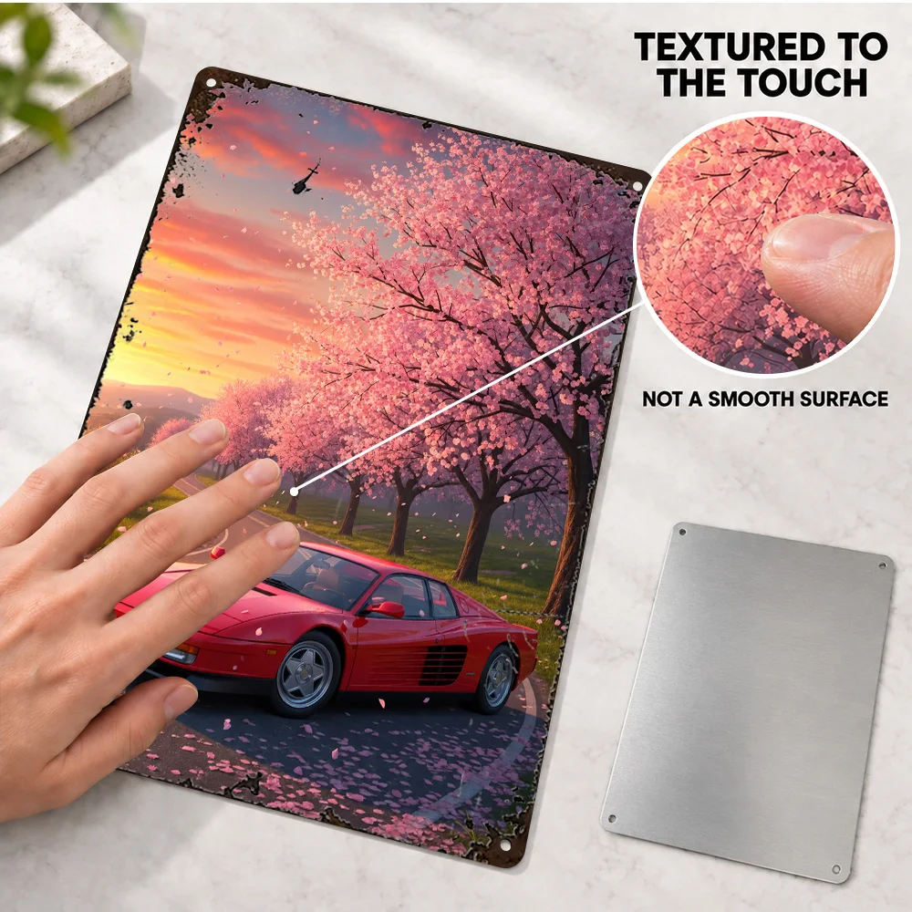 Italian Red On Cherry Blossom Road Supercar Aluminum Poster Customized Metal Sign Painterly Illustration Wall Art For Garage