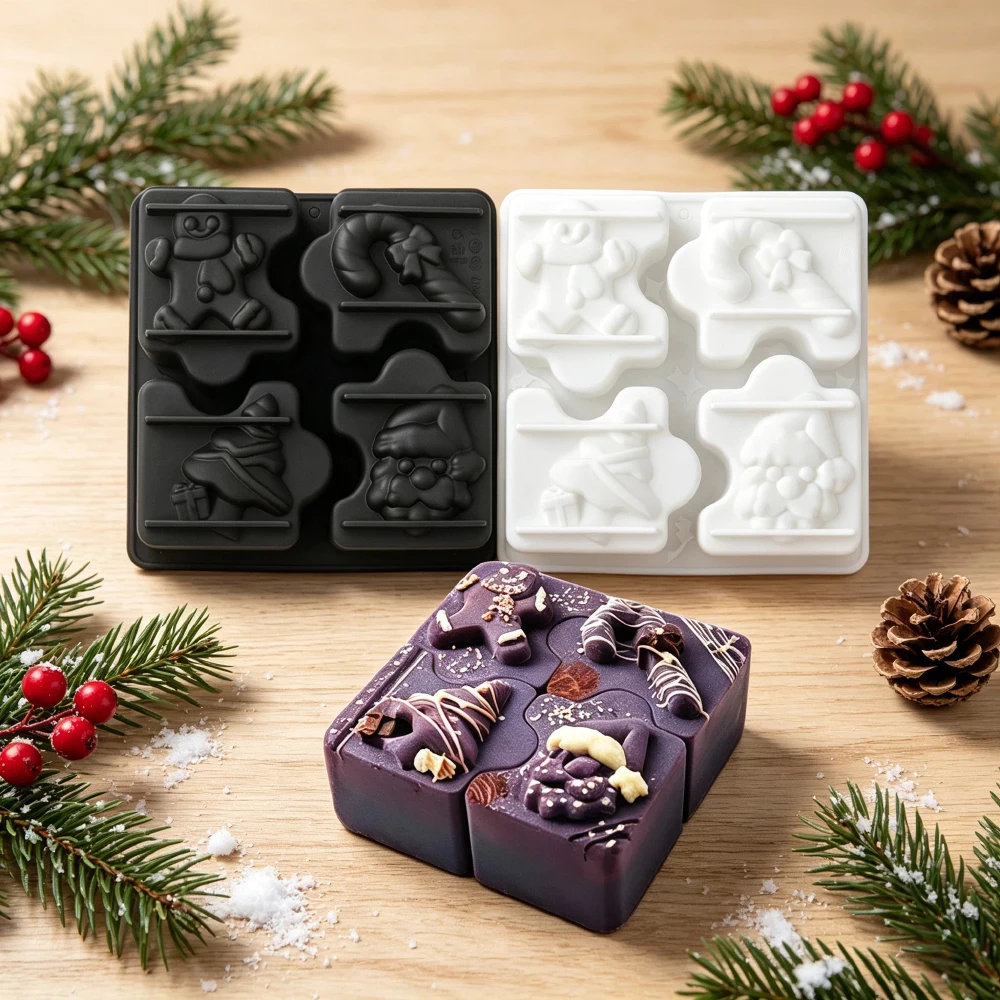 4-Cell Christmas Puzzle Design Dessert Baking Mold Snowman Christmas Tree Santa Claus Cane Design Silicone Chocolate Cake Mould