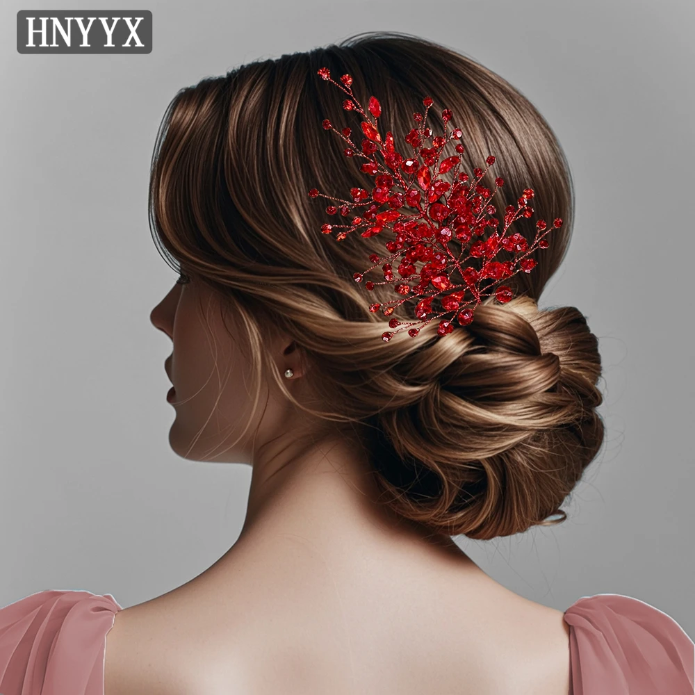 HNYYX Bridal Hair Accessories Red Crystal Headpiece Wedding Bride Headwear Elegant Luxury Hair Clips Jewelry Hair Tiara A235 image 2