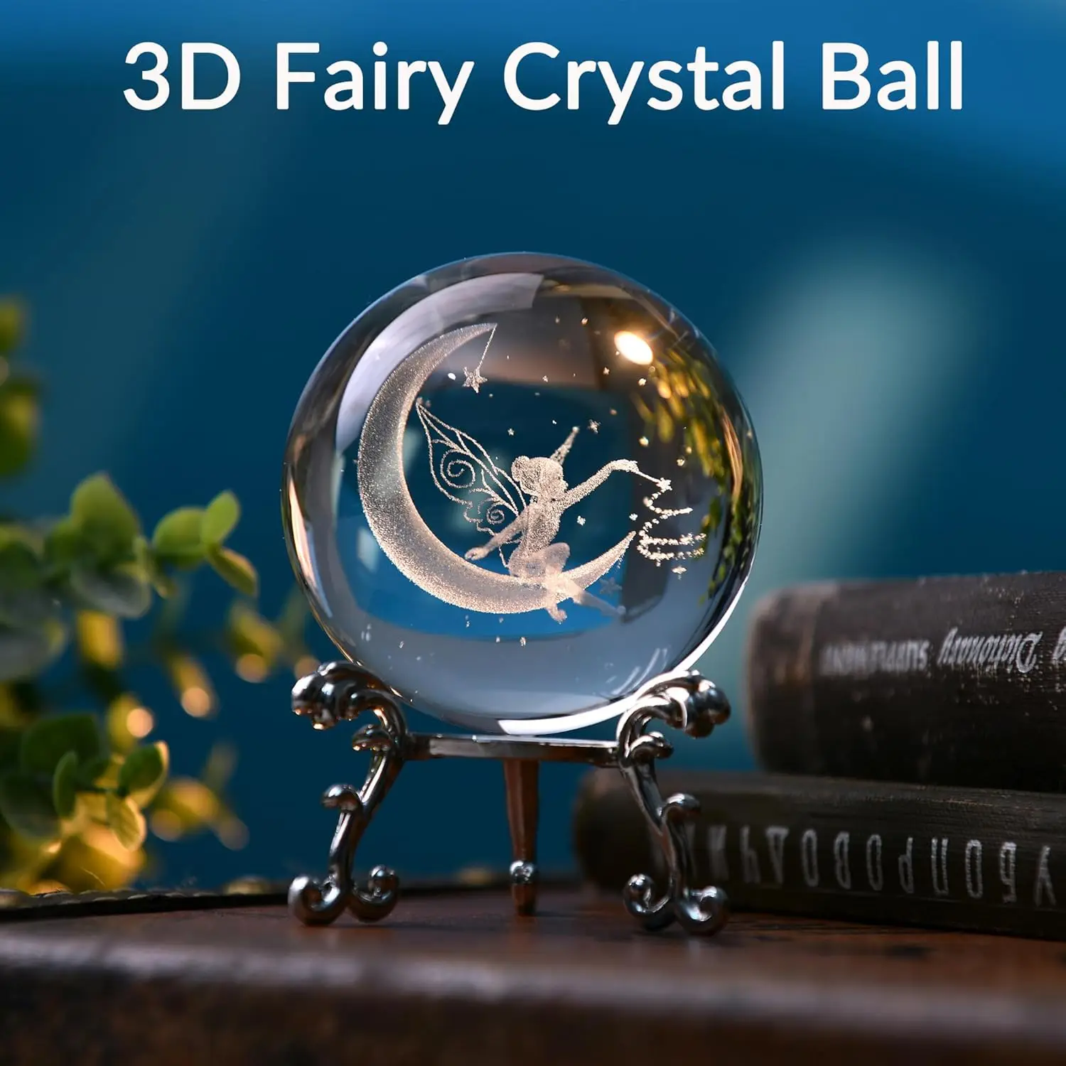 3D Fairy Crystal Ball with Stand Fairy Figurine Moon Decor 6cm Glass Sphere Paperweight Gifts for Women Girls Mom