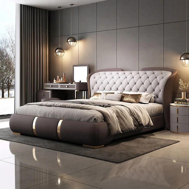 Italian-style Light Luxury Modern Minimalist Leather Bed Storage Solid Wood Frame Disassembly Large Size Wedding Marriage Bed